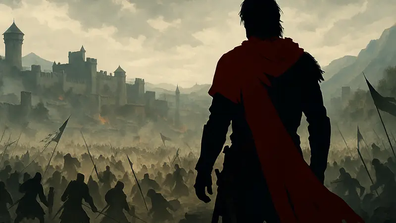 Изображение главного героя Crimson Desert на фоне масштабной битвы, символизирующей эндгейм контент.