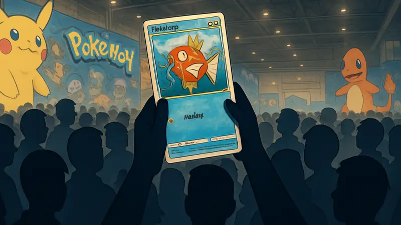 Толпа людей на мероприятии Pokemon, стремящихся получить редкую карту Magikarp.