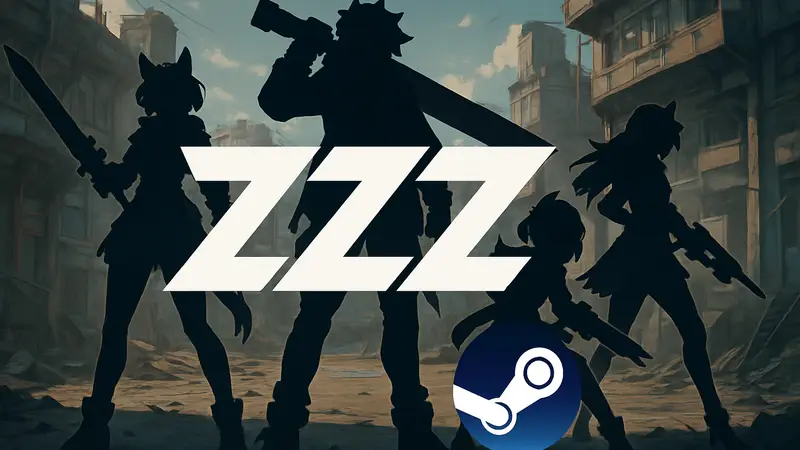 Логотип Zenless Zone Zero на фоне персонажей игры, готовящихся к бою, с значком Steam.