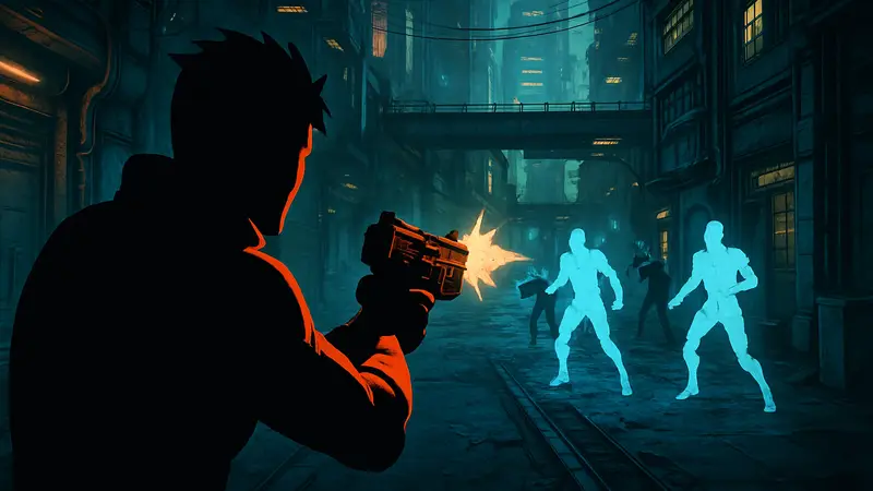 Скриншот геймплея Sprawl: Zero, показывающий динамичный шутер от первого лица в киберпанк-стиле.