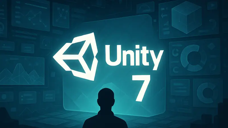 Логотип Unity 7 на фоне элементов игрового движка, символизирующий новую версию и технологии