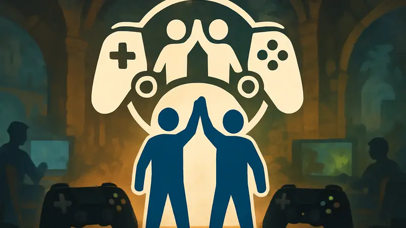 Логотип кооперативных игр, джойстики на фоне.