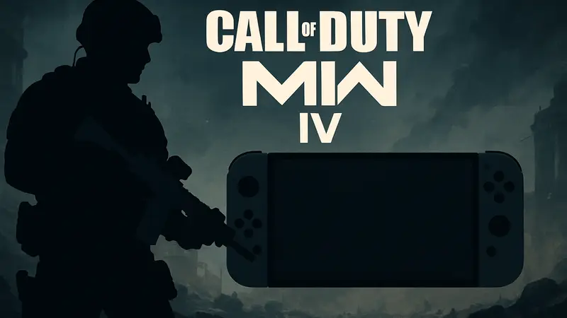 Логотип Call of Duty Modern Warfare 4 и силуэт Nintendo Switch 2 на темном фоне