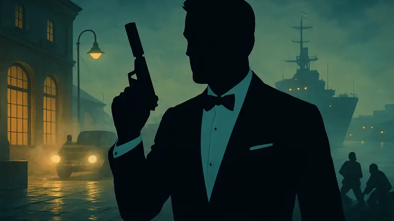 Агент 007 Джеймс Бонд в шпионском стиле, с оружием и в смокинге, на фоне тайной операции.