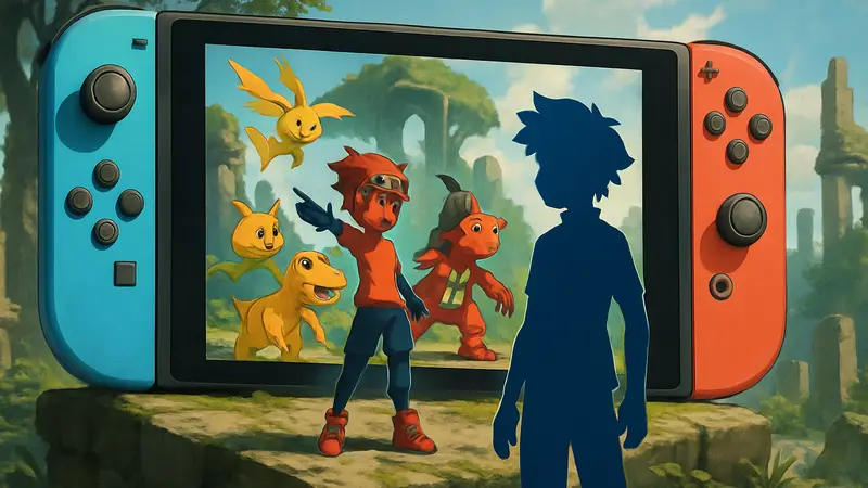 Игровой арт Digimon Story Time Stranger на фоне Nintendo Switch