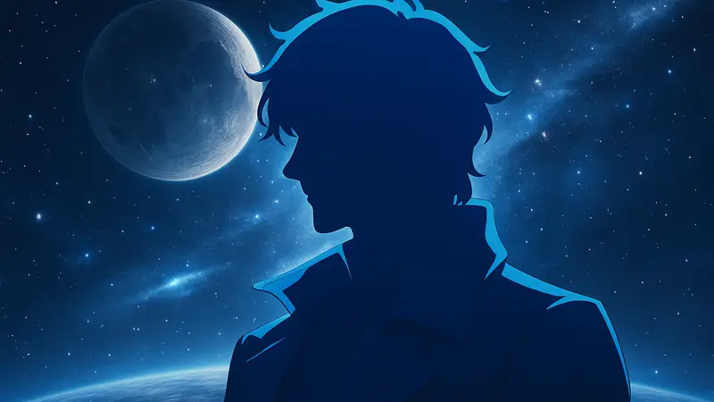 Портрет персонажа Элио из Honkai Star Rail с синими глазами, на фоне космического пейзажа.