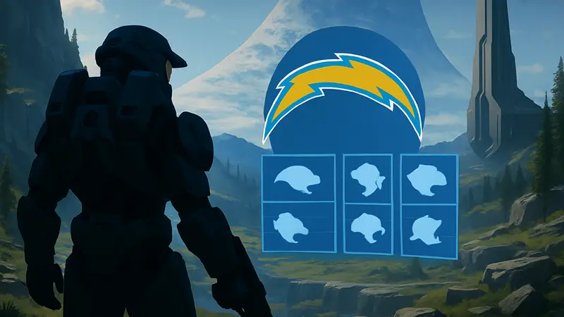 Скриншот из игры Halo с логотипом Los Angeles Chargers и элементами расписания NFL.