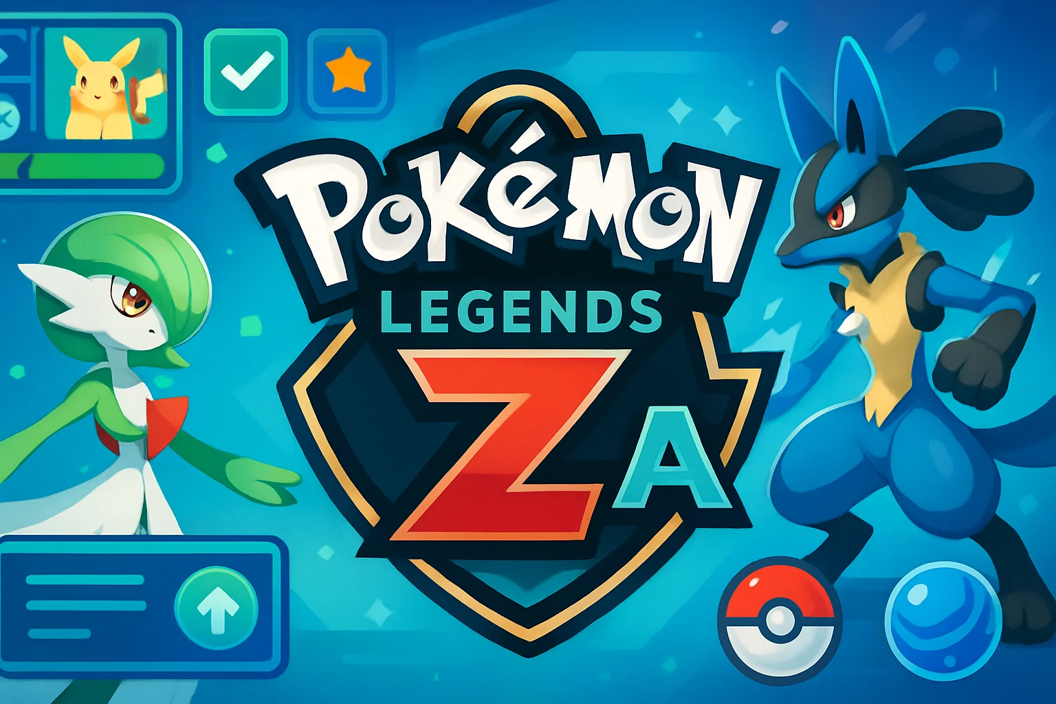 Изображение логотипа Pokémon Legends Z-A, окруженного элементами игрового интерфейса и персонажами