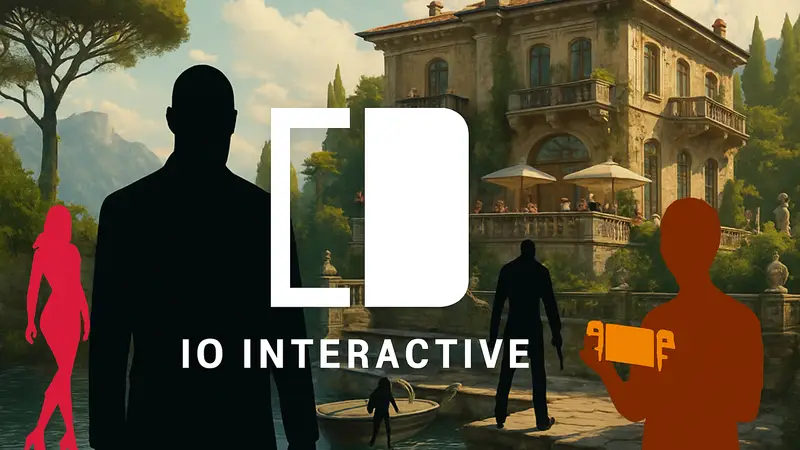 Логотип IO Interactive на фоне игрового процесса Hitman, с отсылками к GTA 6 и Switch 2.
