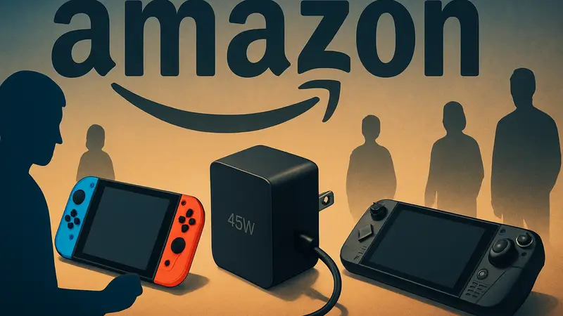 Зарядное устройство 45 Вт для Nintendo Switch, лежащее рядом с консолями Nintendo Switch и Steam Deck на фоне логотипа Amazon.