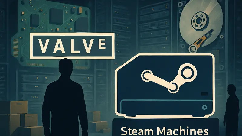 Логотип Valve и Steam Machines на фоне проблем с поставками памяти и хранилищ для игрового железа.