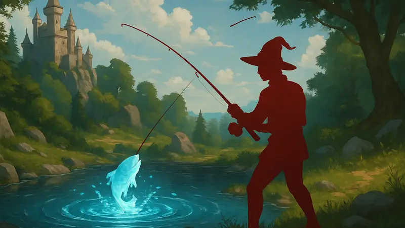 Персонаж Runescape Dragonwilds с удочкой ловит рыбу в магическом водоёме, символизируя новое обновление.