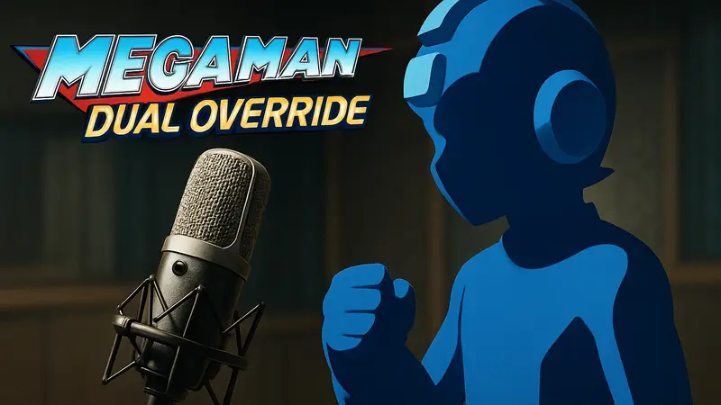 Логотип Mega Man: Dual Override на фоне микрофона, символизирующий конфликт актёров озвучки.