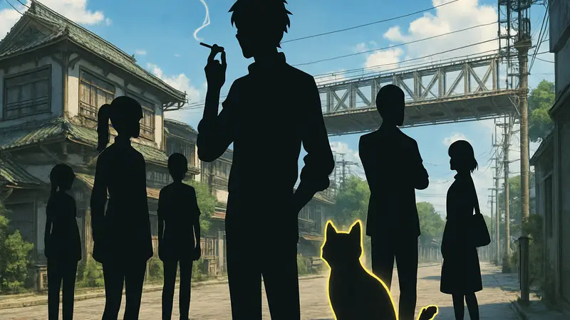 Ключевой арт аниме «Курящий кот» с персонажами и датой премьеры.