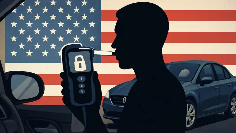 Изображение алкотестера, подключенного к автомобилю, или заблокированной машины на фоне американского флага