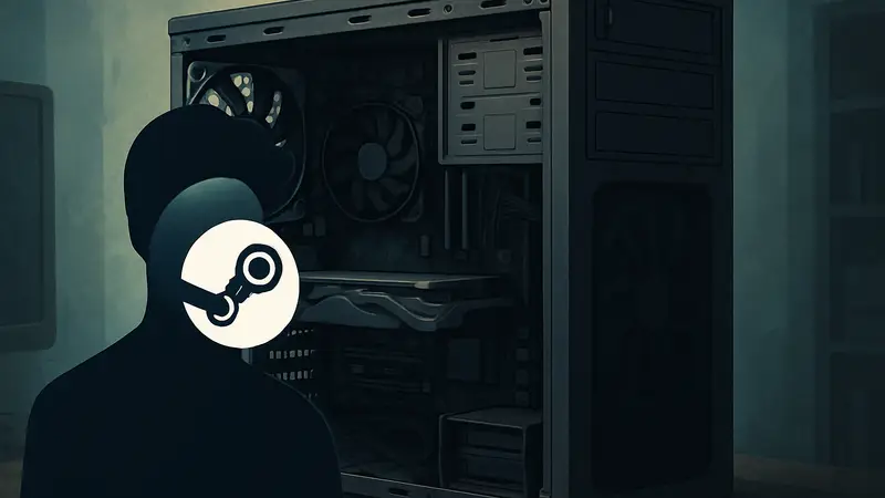 Логотип Steam на фоне системного блока компьютера, символизирующего аппаратное обеспечение.