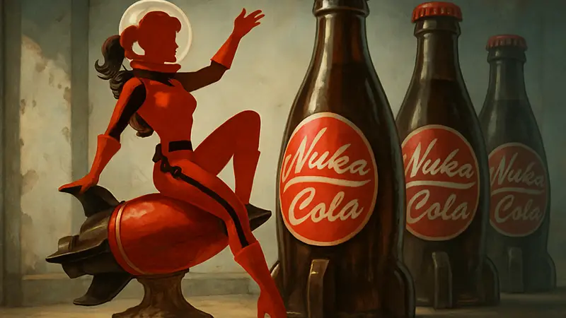 Коллекционная статуэтка Fallout Nuka Girl в позе пин-ап на фоне бутылок Nuka-Cola.
