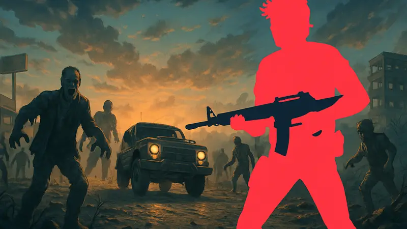 Обложка или скриншот игры John Carpenter's Toxic Commando с зомби и экшеном в стиле 80-х.