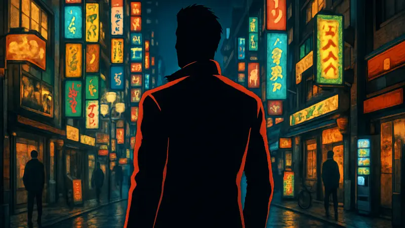 Казума Кирю из Yakuza Kiwami 3 стоит на улице Камаручо ночью.