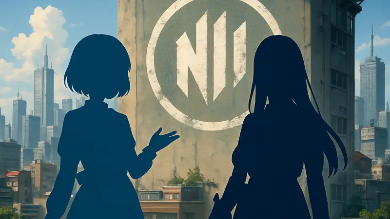 Персонажи из Lycoris Recoil (Чисато и Такина) на фоне логотипа Goddess of Victory: Nikke.