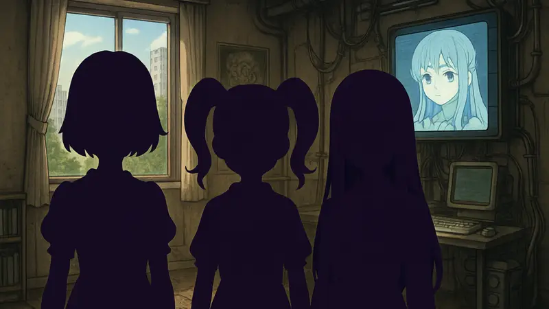 Изображение трёх дочерей из игры Machine Child, выполненных в аниме-стиле.
