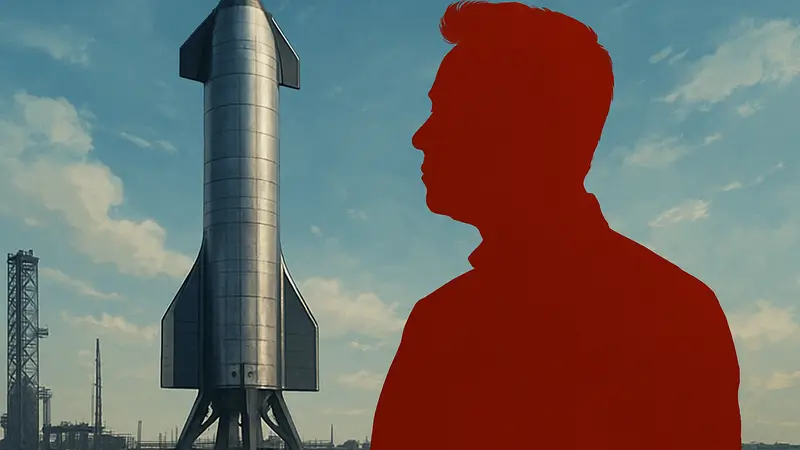 Илон Маск на фоне космического корабля SpaceX Starship.