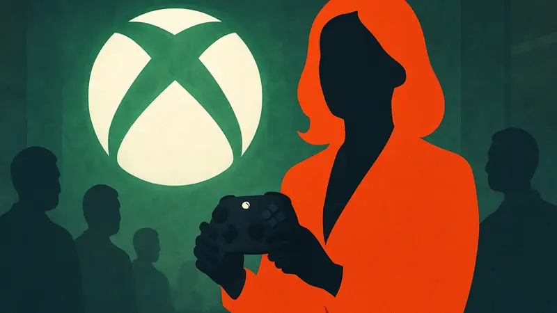 Аша Шарма, новый CEO Xbox, держит геймпад, на фоне логотип Xbox.
