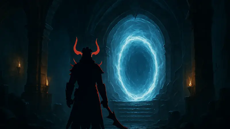Иллюстрация персонажа из Diablo 4, на фоне портала или подземелья.