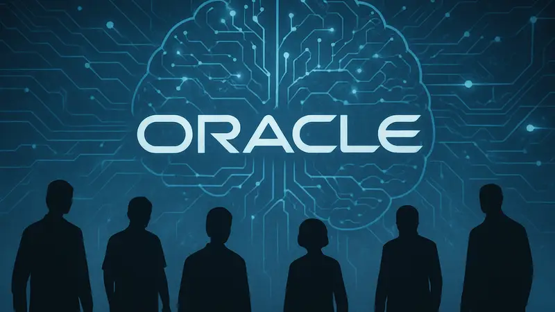 Логотип компании Oracle на фоне схематичного изображения нейросети или искусственного интеллекта