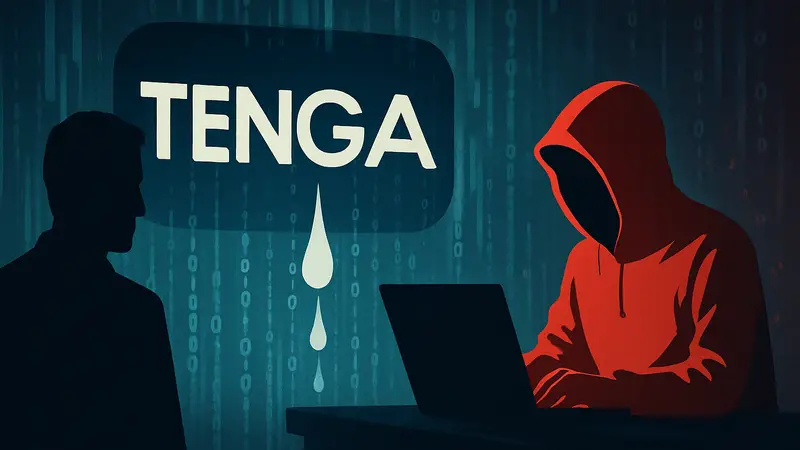 Логотип Tenga на фоне символизирующем утечку данных