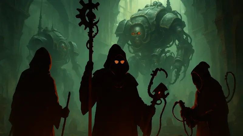 Обложка игры Warhammer 40,000: Mechanicus II с изображением техножрецов.