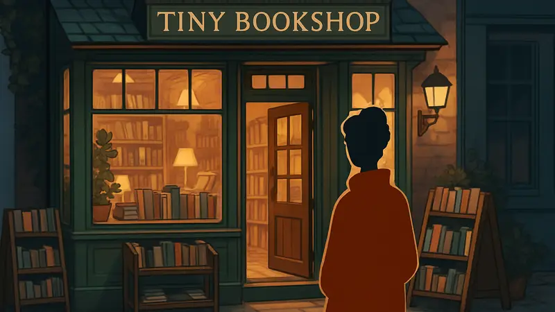 Обложка игры Tiny Bookshop с изображением уютного книжного магазина и персонажа.