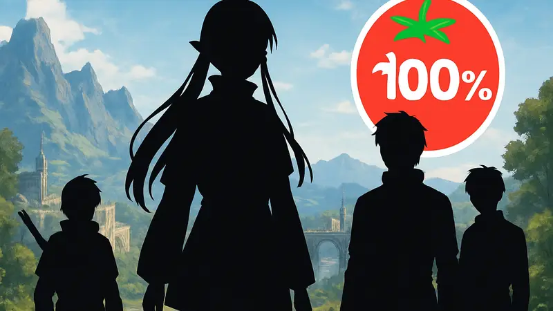 Арт персонажей из аниме Frieren: Beyond Journey's End на фоне логотипа Rotten Tomatoes со 100% рейтингом. Лучшее аниме.