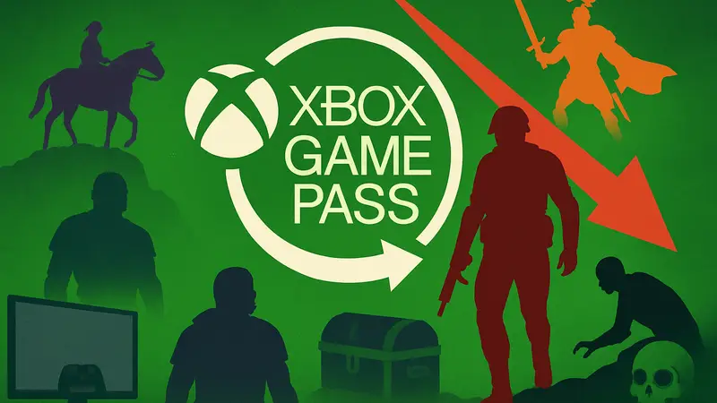 Логотип Xbox Game Pass на зелёном фоне с элементами игр, покидающих сервис