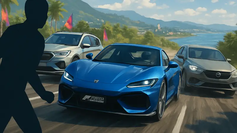 Скриншот из Forza Horizon 6, демонстрирующий автомобиль, проезжающий между двумя другими машинами на высокой скорости.
