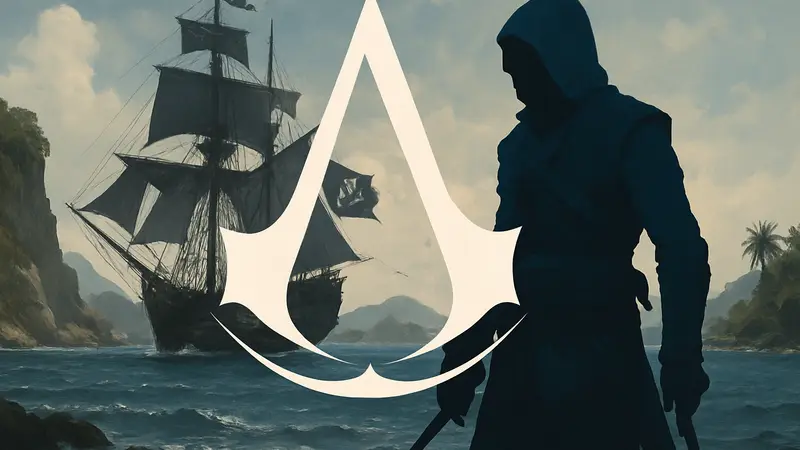 Логотип Assassin’s Creed: Black Flag с изображением Эдварда Кенуэя и пиратского корабля
