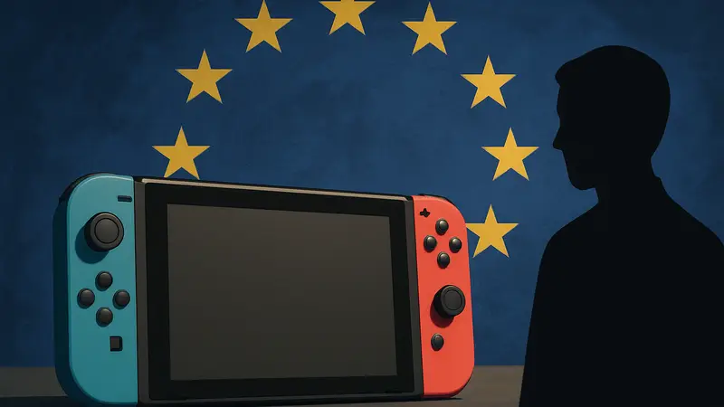 Изображение консоли Nintendo Switch на фоне флага Европейского Союза, символизирующее влияние законодательства.