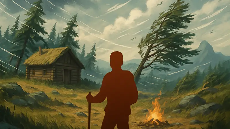 Игровой скриншот Windrose, демонстрирующий элементы выживания и влияние ветра на окружение.