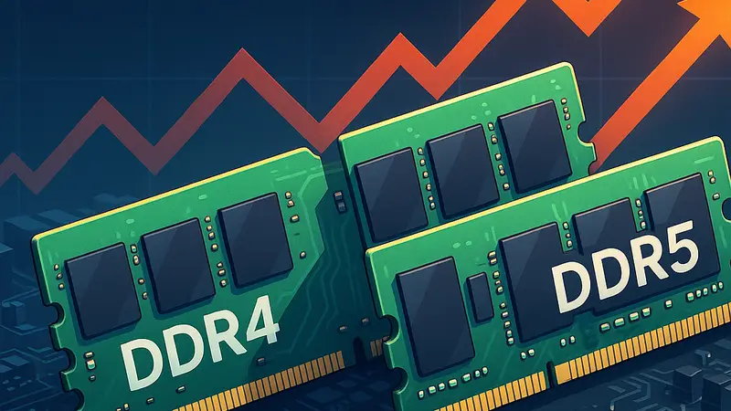 Модули оперативной памяти DDR4 и DDR5 на фоне материнской платы, растущие графики цен
