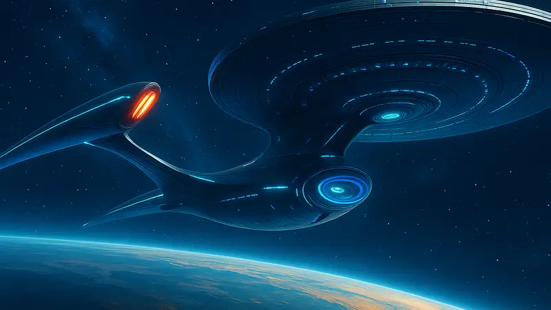Изображение космического корабля USS Enterprise в футуристическом стиле 32 века, парящего над планетой на фоне звёзд.