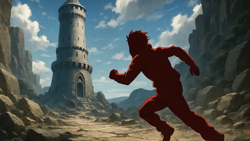 Кадр из аниме Re:Zero с Субару, приближающимся к сторожевой башне, динамичная сцена