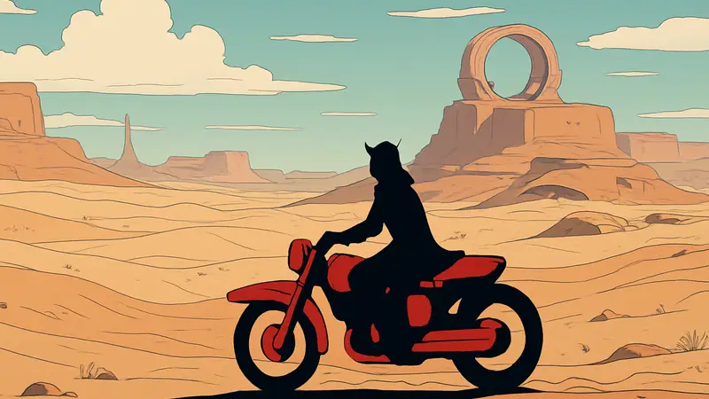 Скриншот из игры Sable, демонстрирующий её стилизованный пустынный открытый мир и персонажа на ховербайке.