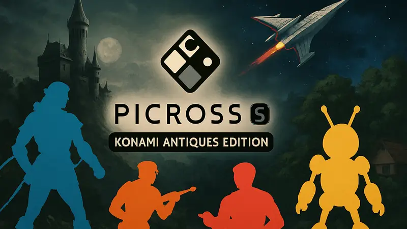 Логотип Picross S Konami Antiques Edition с изображениями персонажей Castlevania, Contra, Gradius, TwinBee