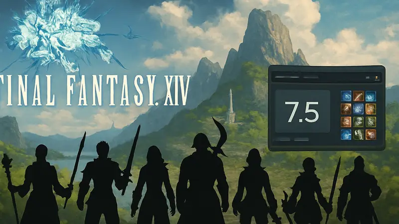 Логотип Final Fantasy 14, персонажи классов, интерфейс игры с патчем 7.5.