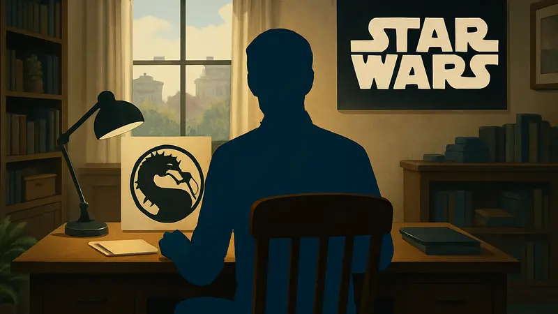 Сценарист, сидящий за столом с символом Mortal Kombat и логотипом Star Wars