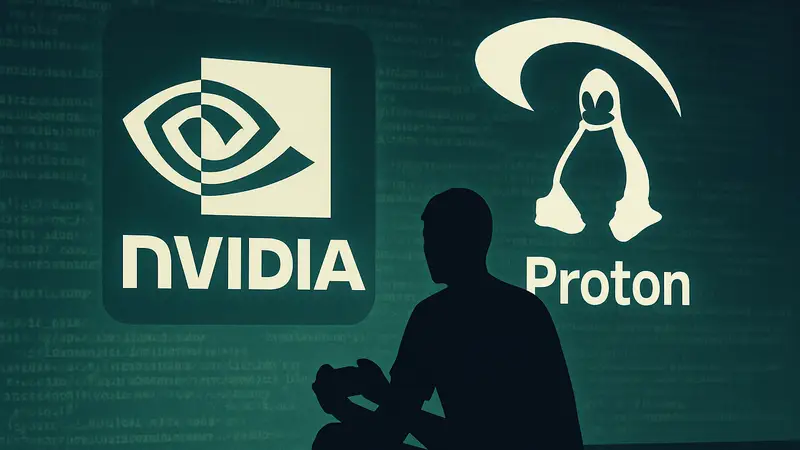 Логотип NVIDIA на фоне Linux-кода с символами Vulkan и Proton, акцент на развитие Linux-гейминга.