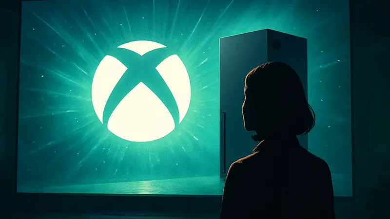 Логотип Xbox на фоне сияющего экрана с изображением новой консоли.