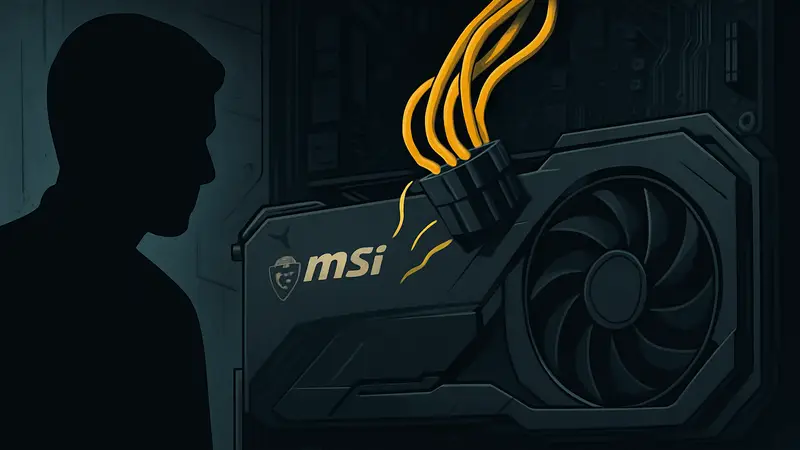 Желтые кабели питания видеокарты MSI, отходящие от разъема GPU, демонстрирующие риск повреждения.