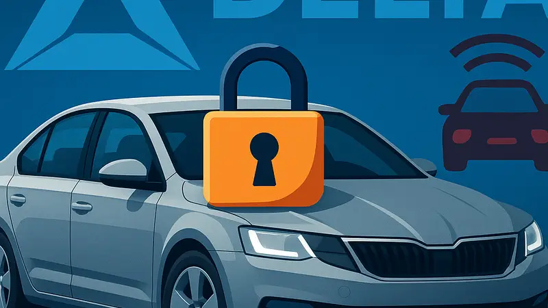 Заблокированный автомобиль с неработающей сигнализацией на фоне логотипа охранной системы Delta.