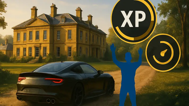 Игровой скриншот Forza Horizon 6 с элементами интерфейса, показывающими фарм XP и очков навыков на Estate.